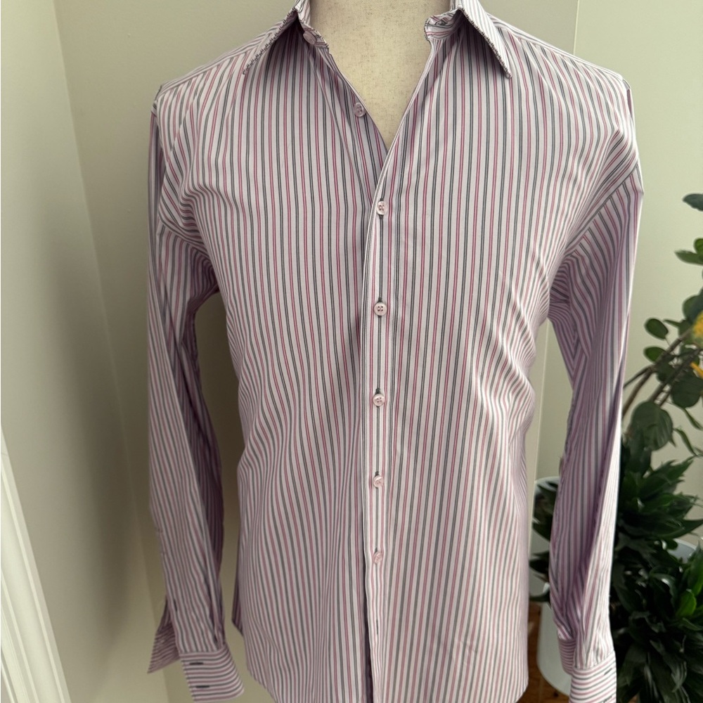 Thomas Pink Men's Pink and White Striped Dress Shirt. Size 16.5